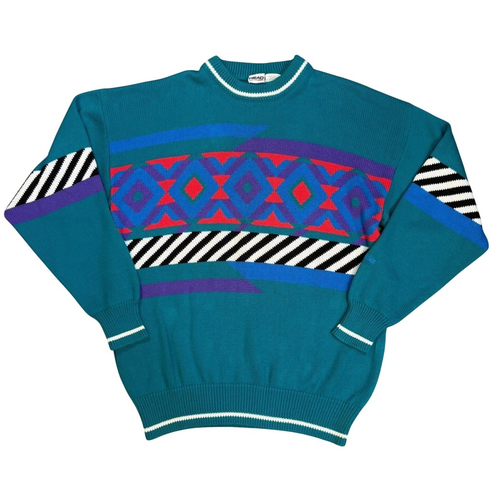 Vintage Head Sports Wear Teal‎ Geometric Intarsia Knit Sweater Mens L 90s Retro